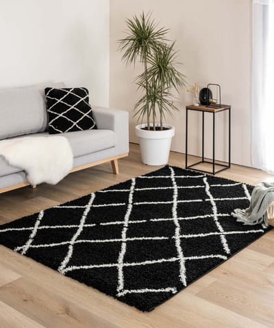 Hoogpolig vloerkleed ruiten Artisan - zwart/wit 100x200