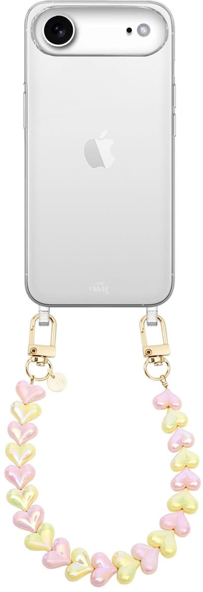 xoxo Wildhearts siliconen hoesje - Geschikt voor iPhone 17 Air hoesje - Funky Hearts (Pink & Yellow Metallic) - Telefoonhoesje - Hoesje met koord - Roze en Geel koord - kort telefoonkoord - Hartjes ketting - Transparant hoesje