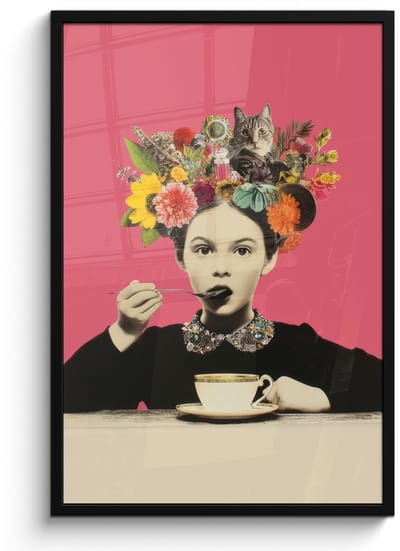 Poster in lijst - Fotolijst 60x90 cm - Posters - Meisje - Kopje - Bloemen - Roze - Posterlijst zwart - Decoratie - Wanddecoratie woonkamer - Muurdecoratie slaapkamer