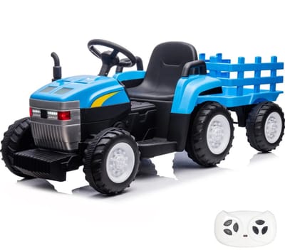 VROOOMY Elektrische Tractor 2 tot 5 jaar – Robuust Accuvoertuig met Verwijderbare Aanhanger & Soft-Brake – Li-ion Kindertractor met Afstandsbediening, EVA-rubberen banden & MP3 – Blauw