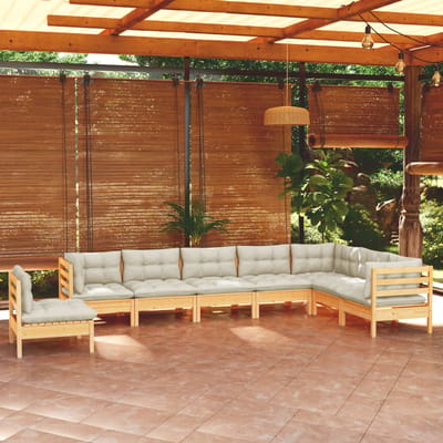 vidaXL - 8-delige - Loungeset - met - crèmekleurige - kussens - massief - grenenhout