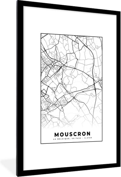 Fotolijst incl. Poster Zwart Wit- Zwart Wit – België – Plattegrond – Stadskaart – Kaart – Mouscron - 80x120 cm - Posterlijst