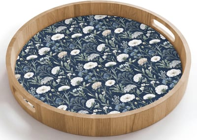 Dienblad rond 40x40 cm - Schootdienblad hout - Patroon - Bloemen - Wit - Blauw - Borrelplank rechthoek - Plateau houten dienbladen