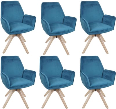 Set van 6 eetkamerstoelen MCW-G67, eettafelstoel/keukentoel met armleuningen, draaibaar, hout, fluweel 320 g/m², MVG ~ turkooisblauw