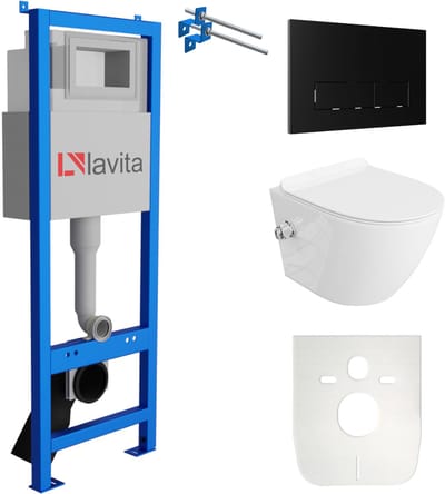 LAVITA® Inbouwreservoir Complete Toiletset LAV 101 - Inbouw WC Hangtoilet Wandcloset SALTO Wit Hoogglans - Bedieningsplaat 200.3.4 Zwart - Voorwandelement voor toilet 40cm - Installatiesysteem