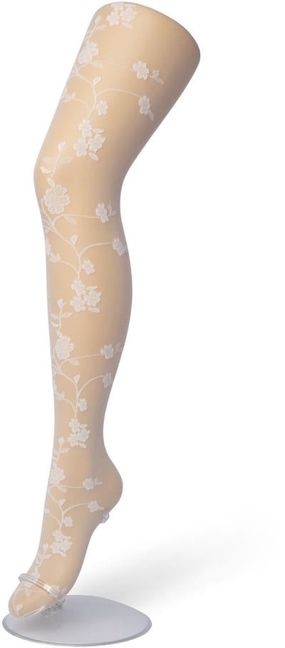 Bonnie Doon Dames Bloemen Panty 20 Denier Off White maat S/M - Chique Panty - Gebloemd Dessin - Brede Boord - Comfort - Bloemenprint - Bloem - Bloom Tights - Feestelijk - Gebroken Wit - Ecru - Crème - Ivory - BP201908.250