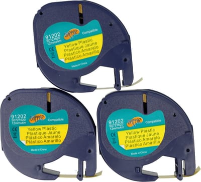 Dappaz - 3 stuks Dymo Compatible 91202 Plastic Label tape - Zwart op Geel - Geschikt voor Dymo LetraTag Labelprinter - 12 mm x 4 m – S0721620