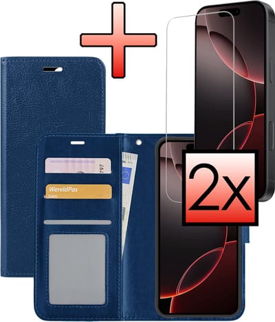 Hoesje - Met 2x Screenprotector - Geschikt voor Apple iPhone 16 Pro - Luxe Pasjeshouder - Bookcase Portemonee - Flip Case - Kunstleer Book Case - Flipcase Hoes - Book Cover - Walletcase - Portemonneehoes - Donkerblauw