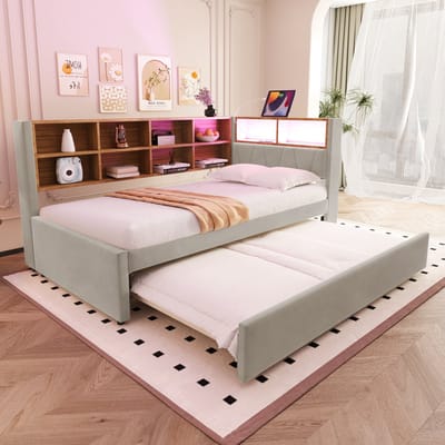 MEUNIQ slaapbank 90x200 cm met uitschuifbed 90x190 cm, LED-verlichting, USB, Type-C en stopcontact, opbergvakken, lattenbodem, lichtgrijs