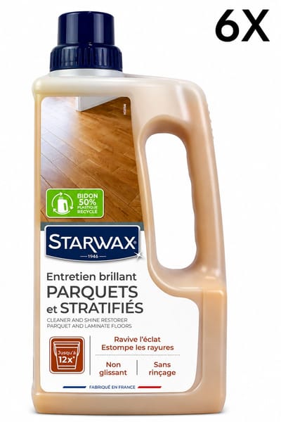 Starwax Glanzende Onderhoud voor Parket en Laminaat 1 Liter - Reinigt en Herstelt Glans - Geen Spoelen Antislip - Made in France - Set van 6 Flessen (6 L Totaal) - Voordeelverpakking