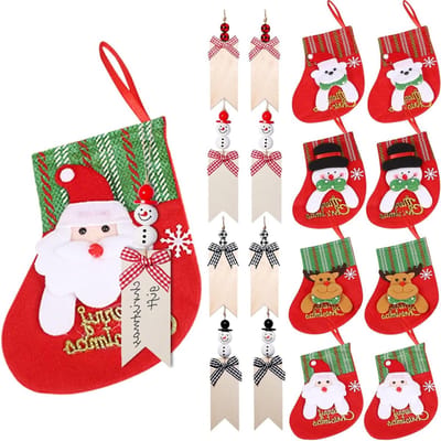 8 Houten Hangers met Kralen en 8 Kerstsokken, Kerstdecoratie, DIY Kersttags met Jute Touw voor Feestelijke Versiering