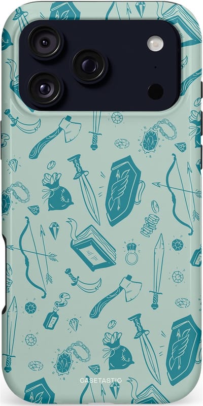 Casetastic hoesje geschikt voor Apple iPhone 17 Pro Max - MagSafe - Dubbellaagse bescherming - Avontuurlijke buit vol wapens - Fashion Case - Zilver Saliegroen Petrol