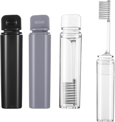 Reis Tandenborstel Set - Opvouwbare Tandenborstel - Hygiëne Onderweg - Afneembare Hoofden - 16 cm Lengte - Zwart Grijs Transparant