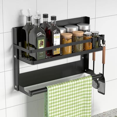 Verte Kruidenrek - Wandplank met Keukenrolhouder - 4 Haken - Keukenplank Zonder Boren - Roestvrijstalen Hangende Wandplank voor Keuken - Badkamerorganizer - Zwart
