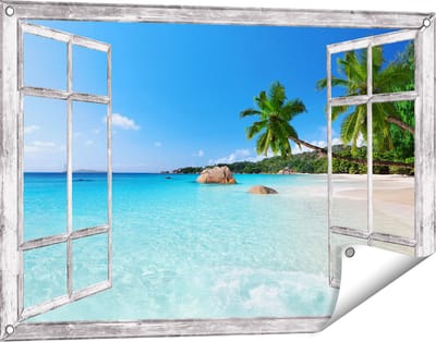 Gards Tuinposter Doorkijk Tropisch Strand en Zee - 90x60 cm - Tuindoek - Tuindecoratie - Wanddecoratie buiten - Tuinschilderij