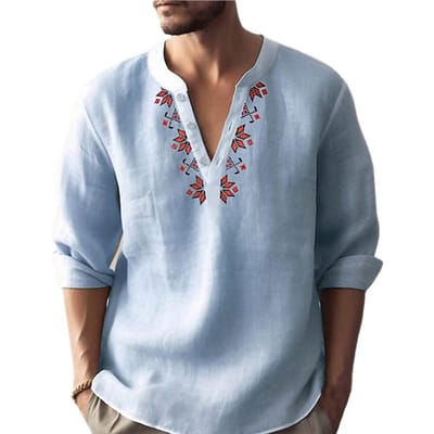 Chemise à manches longues et col en v pour hommes, imprimé géométrique, boutons, coupe ample, couleur unie, pull fin, vêtements de travail M bleu