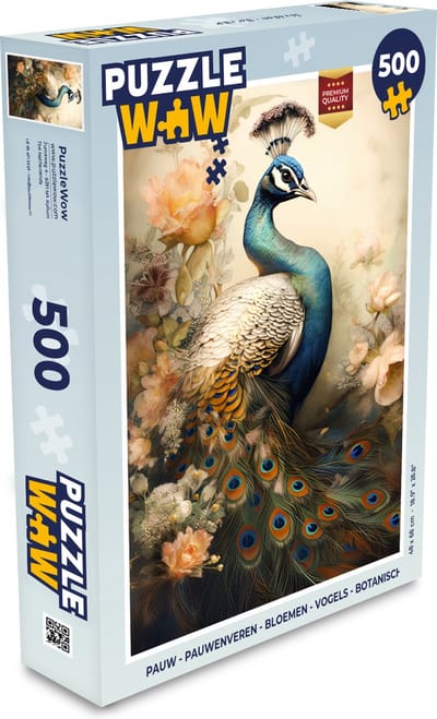 Puzzel Pauw - Pauwenveren - Bloemen - Vogels - Botanisch - Legpuzzel - Puzzel 500 stukjes