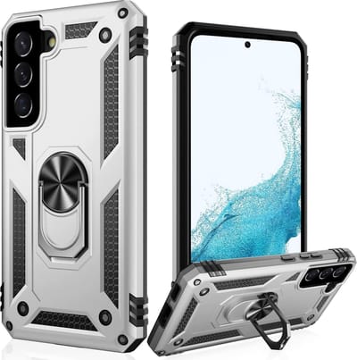 Casemania Hoesje Geschikt voor Samsung Galaxy S22 Grijs - Anti-Shock Hybrid Armor Back Cover - Hoes met Kickstand Ring