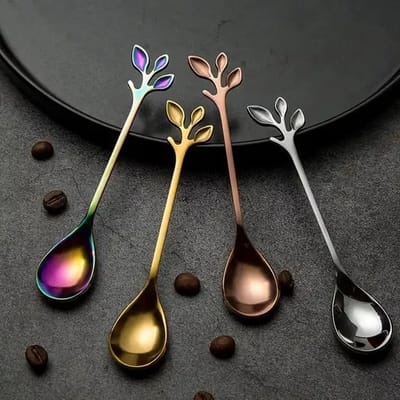 Set van 4 lepeltjes voor koffie/thee/apero/dessert - bladvorm - 12 cm - goud