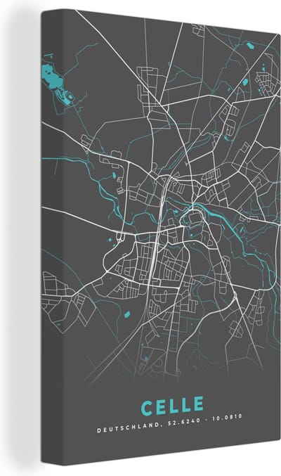 Canvas Schilderij Blauw – Duitsland – Plattegrond – Stadskaart – Kaart – Celle - 20x30 cm - Wanddecoratie