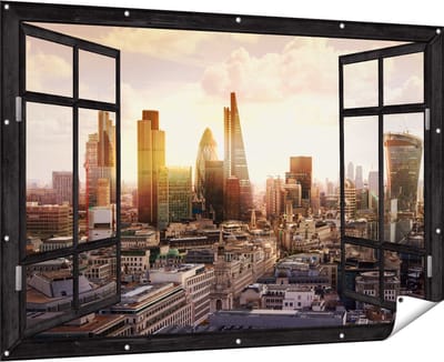 Gards Tuinposter Doorkijk Londen bij Zonsondergang in een Moderne Wijk - 180x120 cm - Tuindoek - Tuindecoratie - Wanddecoratie buiten - Tuinschilderij