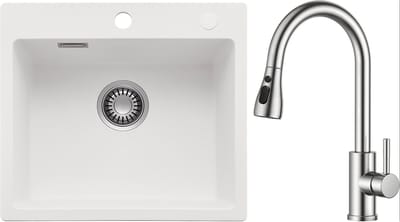 CECIPA max Spoelbak Keuken 40x45CM - Granieten spoelbakken Wit - Spoelbakken Keuken Met keukenkraan Met Uittrekbare Uitloop - Enkele spoelbakken Incl. Sifon en Afvoerzeefje