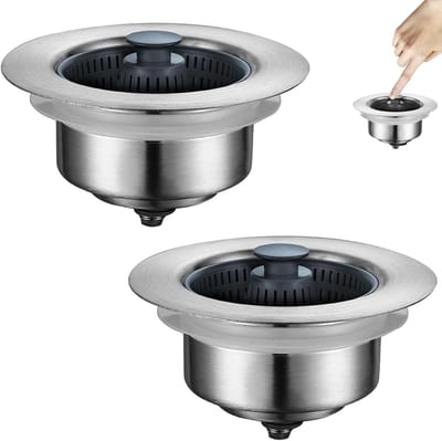 Set van 2 keukenafvoerstoppen van roestvrij staal en ABS, anti-locking, geschikt voor afvoeren met een diameter van 108 mm en diepte van 55 mm, ideaal voor keuken en badkamer