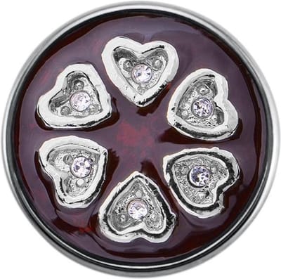 Quiges - Dames Click Button Drukknoop 18mm Hartjes Burgundy Rood met Zirkonia - EBCM327