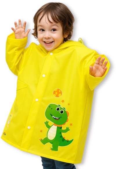 BoefieBoef Gele Kinder Regenjas Ruimte Dinosaurus – S 1 tot 4 jaar – Peuter RegenPoncho – Premium EVA Waterdicht – Kleuter Regenmantel - Regen Winter School Buitenspelen – Knutseljas – Cadeau Tip voor Meisjes & Jongens – lengte 75-105 cm