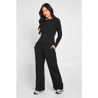 boohoo Dames Petite Katoenen Geribbelde Top Met Knoopsluiting En Broek Coordinatenset | Zwart | Maat: 34
