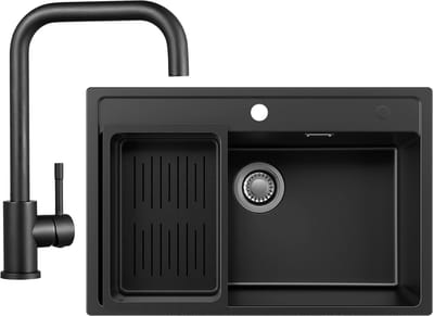 Anycee Max Spoelbak Keuken 70x46CM - Granieten Spoelbakken Met Hogedruk Keukenkraan - Spoelbakken Keuken Met Afdruiprek – Wasbak Keuken Zwart