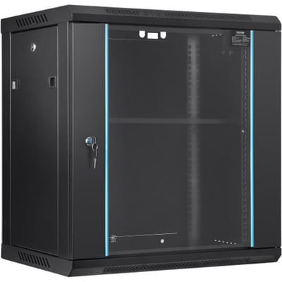 VEVOR 12U wandgemonteerde netwerkserverkast, 37.6cm/14,8 inch diep, serverrackkast, ca. 91 kg, laadvermogen voor vloermontage, met afsluitbare glazen deur en zijpanelen, voor IT-apparatuur, audiovisuele apparatuur