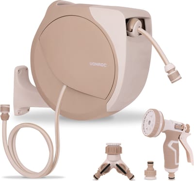 VONROC Automatische slanghaspel – wandslangbox – Incl. 20m premium tuinslang, 8-standen broespistool en koppelingen – beige