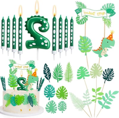 Dinosaurus cijferkaars 2 jaar - met 8 groene kaarsen - slinger en bladeren - feestelijke taartdecoratie - ShopVlot