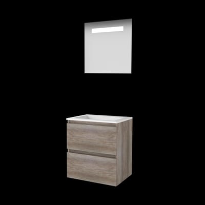 Basic-Line Economic 46 Badkamermeubelset - 60 x 46 cm - Greeploos - 2 Lades - Acryl Wastafel - Zonder Kraangat - Spiegel met LED Verlichting - Scotch Oak