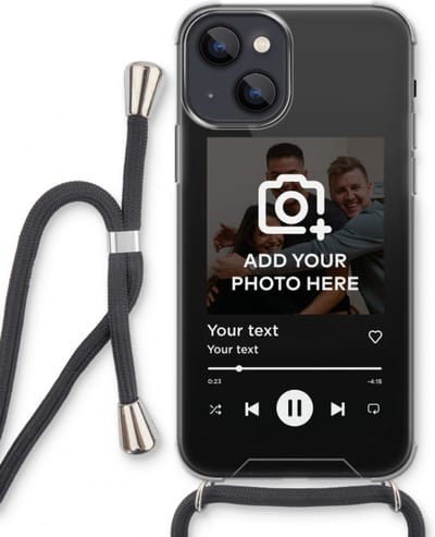 Gepersonaliseerd - Case Company® - Hoesje met koord geschikt voor iPhone 13 mini hoesje met Koord - Music Player - Telefoonhoesje met Zwart Koord - Extra Bescherming aan alle Kanten en Over de Schermrand