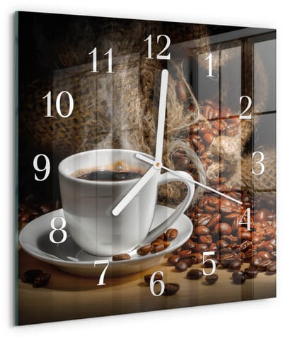 Tulup Wandklok - Koffie Decoratieve Glazen Klok - 30x30 cm - Bruin Glazen Wandklok Design - Witte Handen - Vierkante Wandklok - Glazen Klok Met Print - Wandklok Glas Met Motief