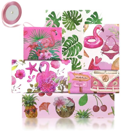 Dailygoods- Inpakpapier Tropisch Ontwerp - Cadeaupapier Verjaardag - Inpakpapier Baby - Inpakpapier Rollen - Roze Flamingo - Hawaiiaanse Monstera - 6 Vellen met Rol Lint