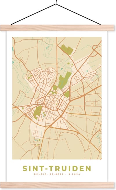 Posterhanger incl. Poster 40x60 cm - Schoolplaat - Vintage - Plattegrond - Stadskaart - Sint-Truiden - Kaart - Textielposter - Blanke latten - Stadskaart