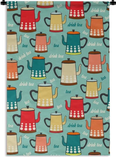Wandkleed - Wanddoek - Patronen - Thee - Theepot - Vintage - 60x90 cm - Wandtapijt