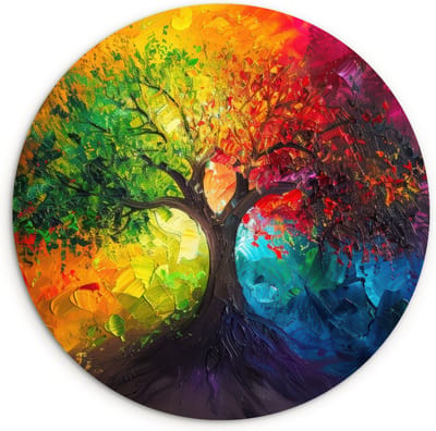 WallCircle® Wandcirkel 120x120 cm - Muurcirkel Boom - Kleurrijk - Modern - Abstract - Regenboog - Levensboom - Planten - Muurdecoratie woonkamer cirkel - Wanddecoratie slaapkamer - Kamer decoratie accessoires - Ronde schilderijen binnen