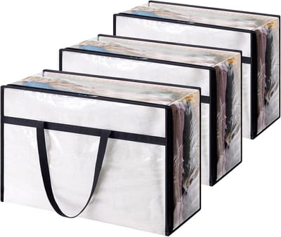 Famanu - Set van 3 transparante opbergzakken 60L, PVC kledingopbergtas, opvouwbaar dekbedovertrek met handgrepen, opbergdoos voor verhuizen, kleding, dekens, speelgoed, boeken