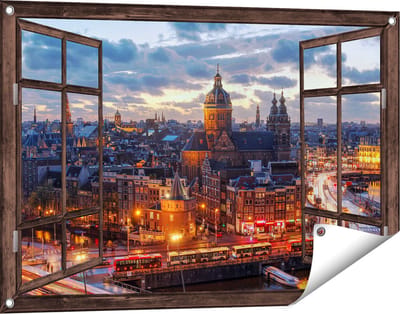 Gards Tuinposter Doorkijk Amsterdam Centrum Luchtfoto Zonsondergang - 90x60 cm - Tuindoek - Tuindecoratie - Wanddecoratie buiten - Tuinschilderij