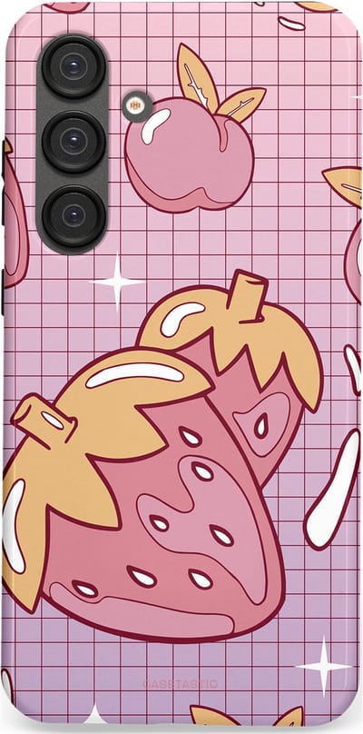 Casetastic Hoesje Geschikt voor Samsung S25 Plus - Stijlvolle Beschermende Duo-layer Case - Zoete aardbeien raster
