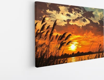 Saammp Canvas Schilderij - Zonsondergang - Planten - Nederland - Natuur - Landschap - 45x30 - Foto op canvas - Wanddecoratie - Muurdecoratie Woonkamer - Slaapkamer decoratie - Canvas Print