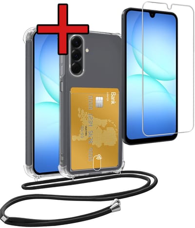 Hoesje Geschikt voor Samsung A17 Hoesje Met Telefoonkoord en Pasjeshouder Met Screenprotector Siliconen - Hoes Geschikt voor Samsung Galaxy A17 Hoesje Met Kaarthouder Shock Proof Case - Transparant