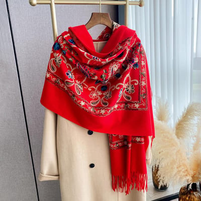 Luxe Winter Borduur Kasjmier Sjaal Dames Ontwerp Warm Pashmina Deken Poncho Sjaals Vrouwelijke Sjaal Dikke Foulard Bufanda red
