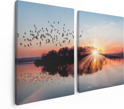 Artaza Canvas Schilderij Tweeluik Groep Vogels Boven De Meer Met Zonsondergang - 120x80 - Foto Op Canvas - Canvas Print