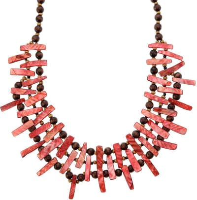 Behave - Lange bruine houten kralenketting met schelpen 63,5cm