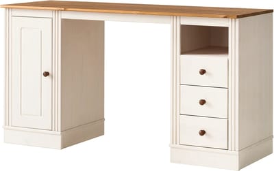 Anita Bureau met 1 Deur, 3 Lades en Open Vak - Wit/Honingkleurig Grenen - 140 x 50 x 76 cm